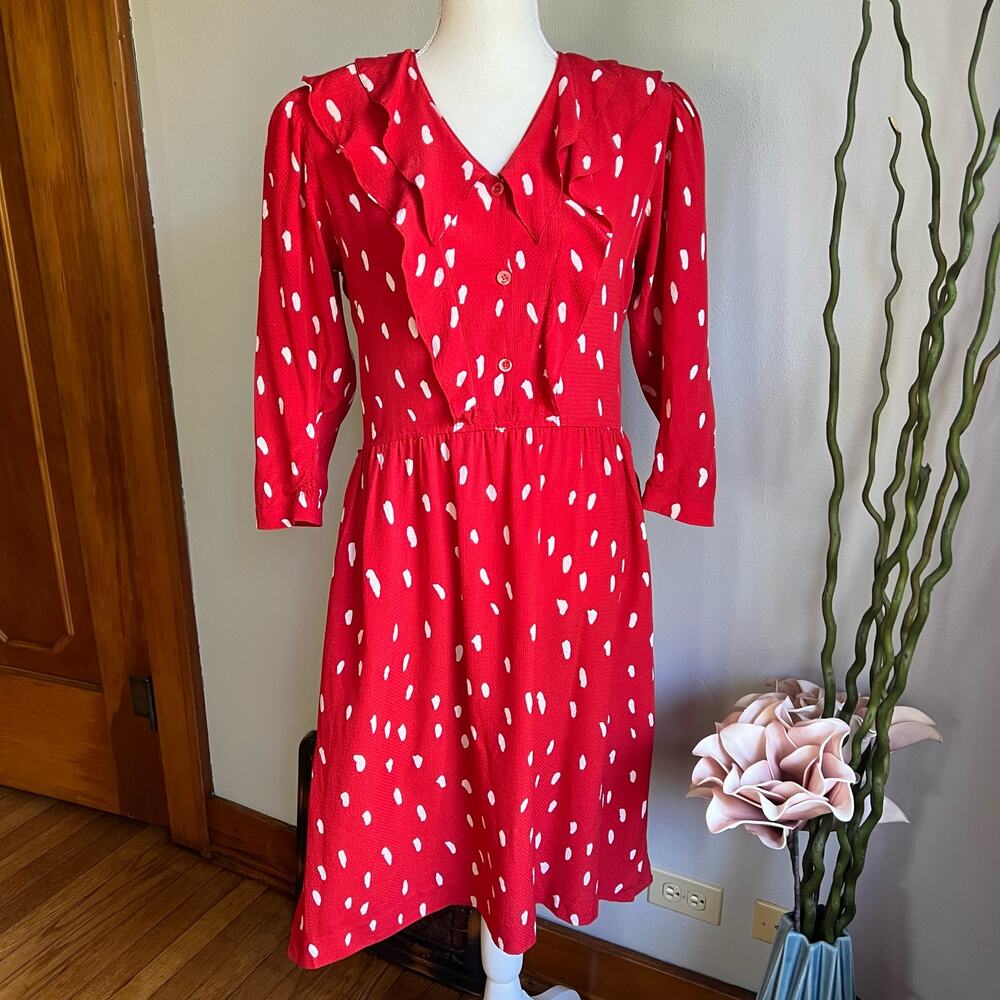 Guy‎ Laroche Paris Silk Polka Dot Dress Red & White Size 36 Large Vintage 70s